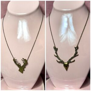 Lot of 2 Deer Antler Pendant Necklaces Rustic Bronze Stag Rhinestone